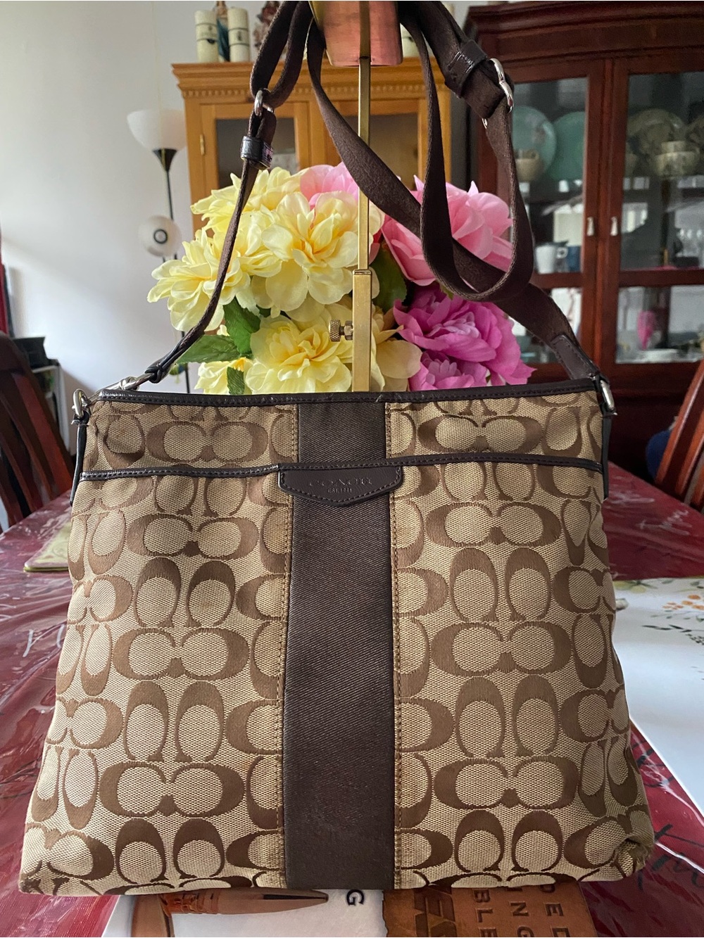 Coach Khaki and Brown Signature Canvas Shoulder Bag